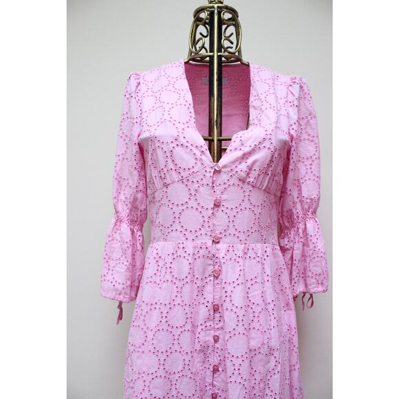 Ivy & Oak Pastel Pink Broderie Anglaise Eyelet Scallop Bell Sleeve Midi Dress 36 - Picture 4 of 9